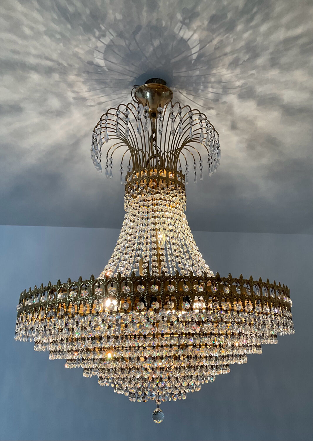 Brass chandelier and crystal tassel waterfall