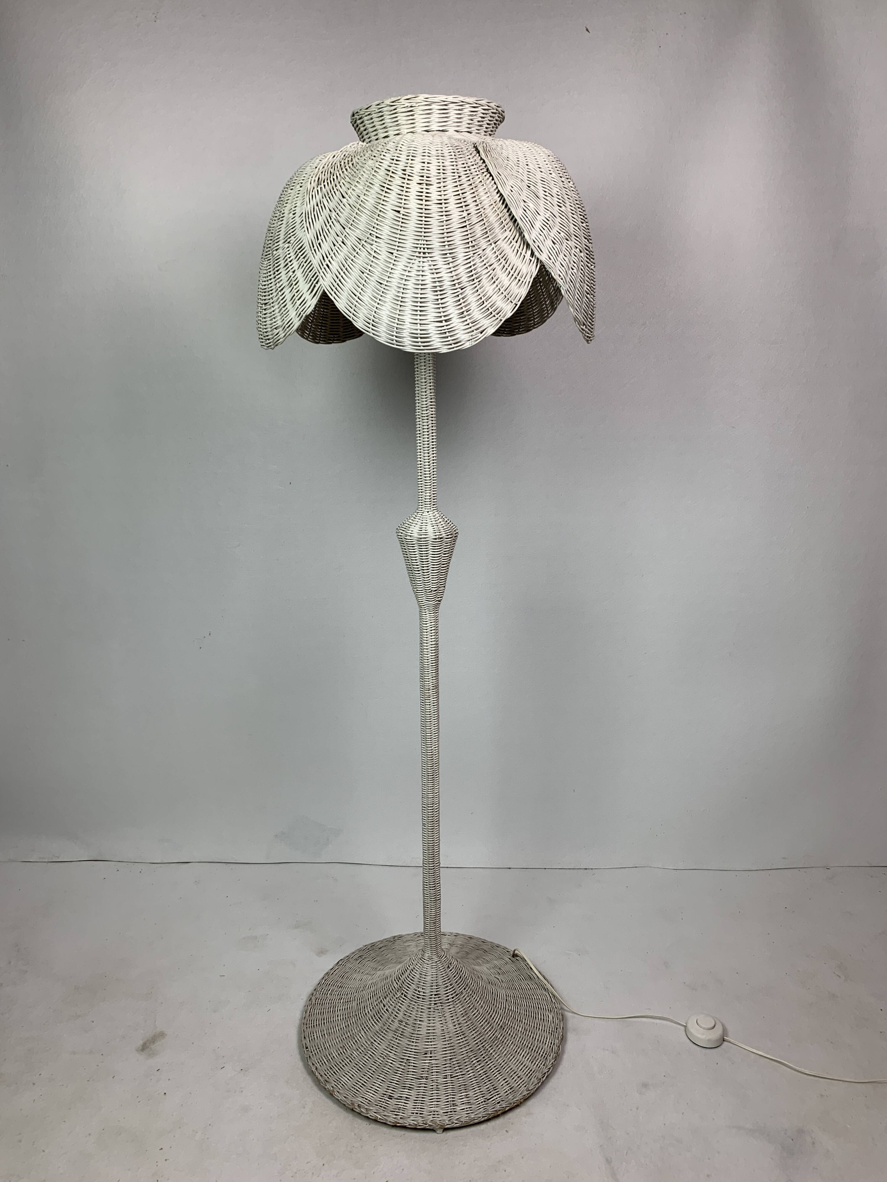Mid-century French rattan wicker boho floor lamp, 1950s-1960s
