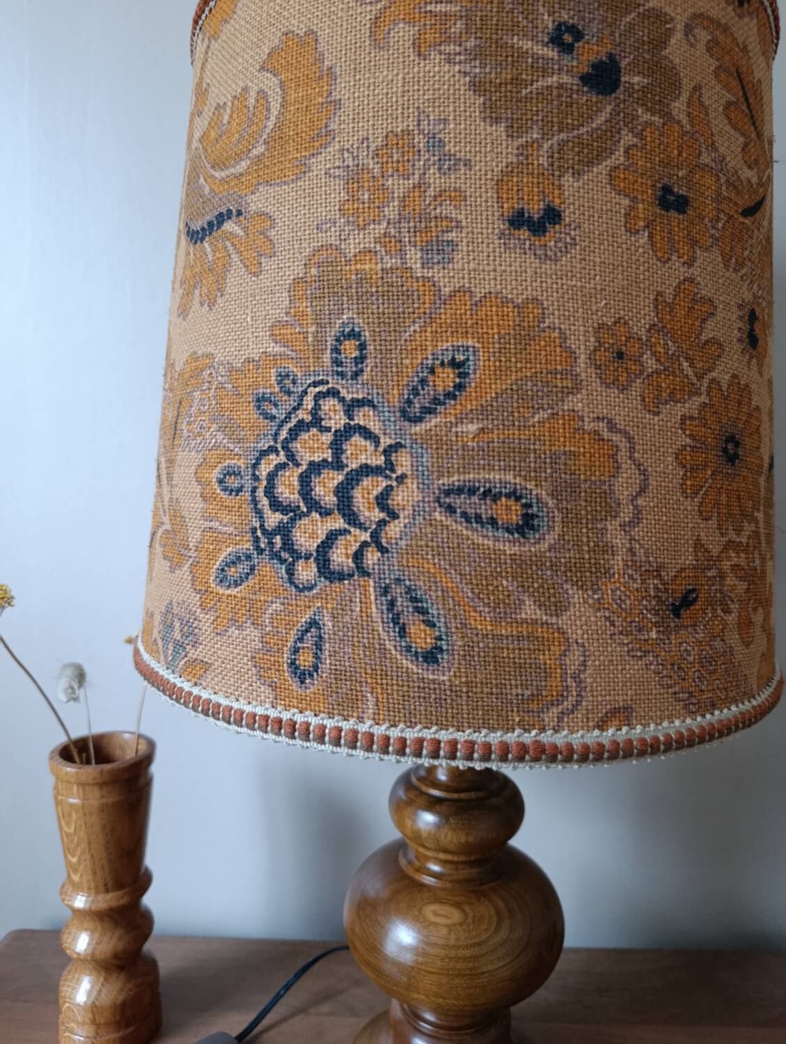 turned wooden lamp with a jute floral shade, authentic sixties