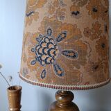 turned wooden lamp with a jute floral shade, authentic sixties