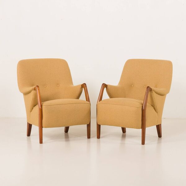 2 fauteuils scandinaves en teck et laine, années 1960