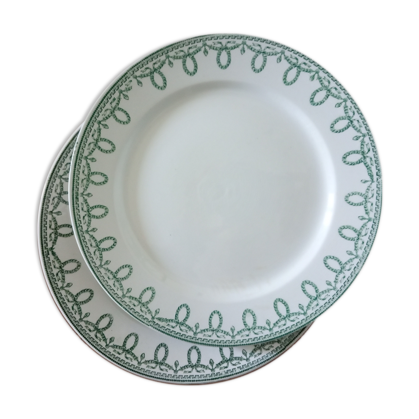 Suite of 6 old flat plates, green décor Empire "Bonaparte"