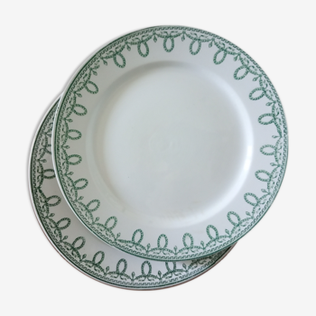 Suite de 6 assiettes plates anciennes, décor vert Empire "Bonaparte"