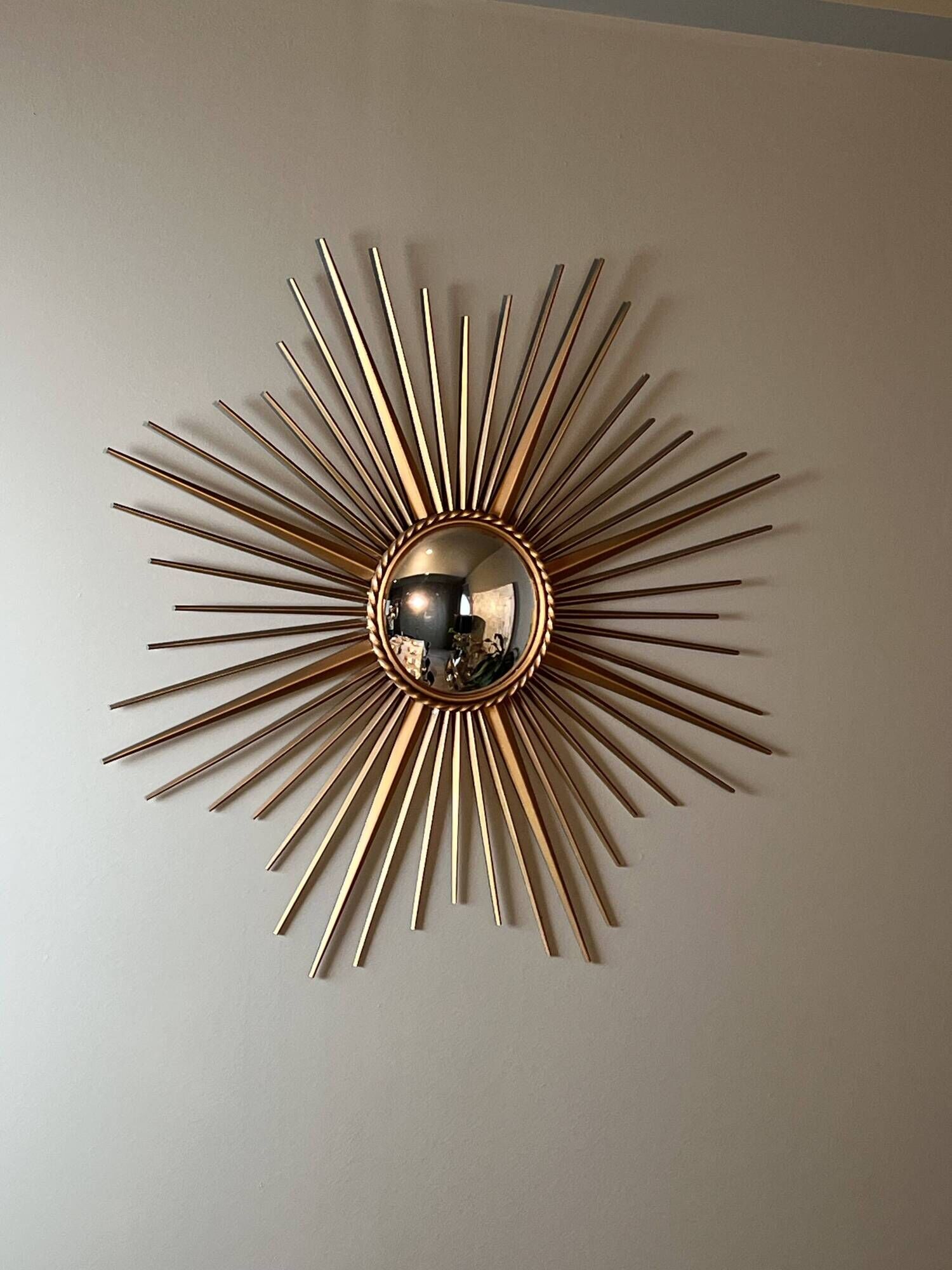 Golden Metal Sun Mirror with Convex Mirror by Chaty Vallauris. French Work