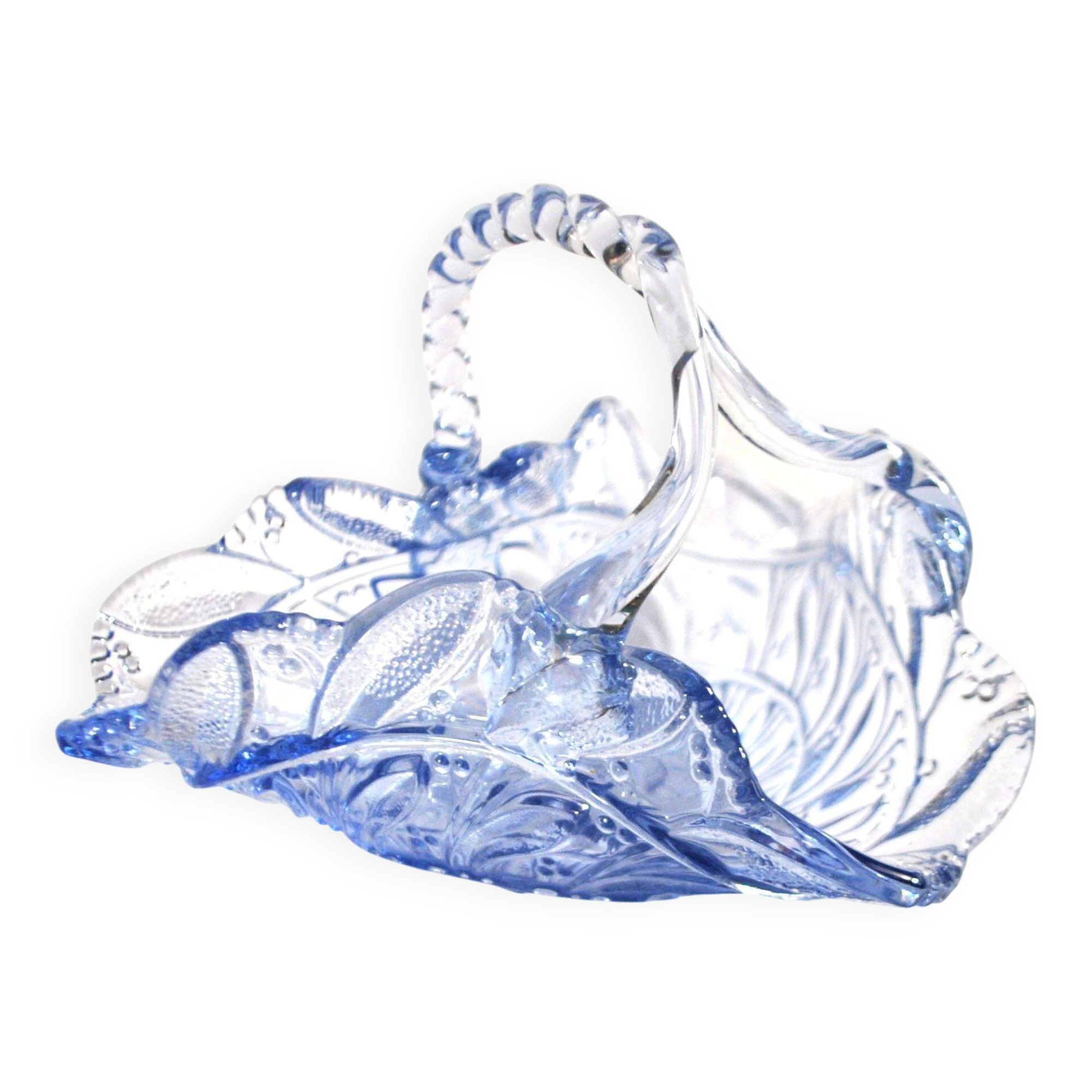 Blue pressed-moulded glass basket dish Meisenthal? Ashtray 1920