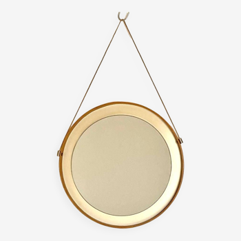 Round mirror with wood and faux leather frame, Italy 1960s