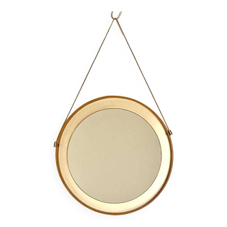 Miroir rond avec cadre en bois et simili cuir, Italie années 1960