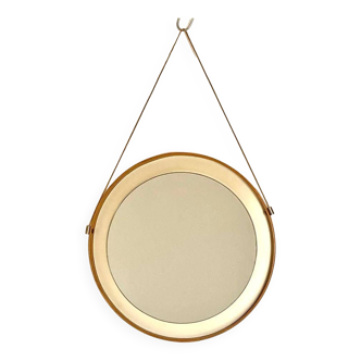 Round mirror with wood and faux leather frame, Italy 1960s