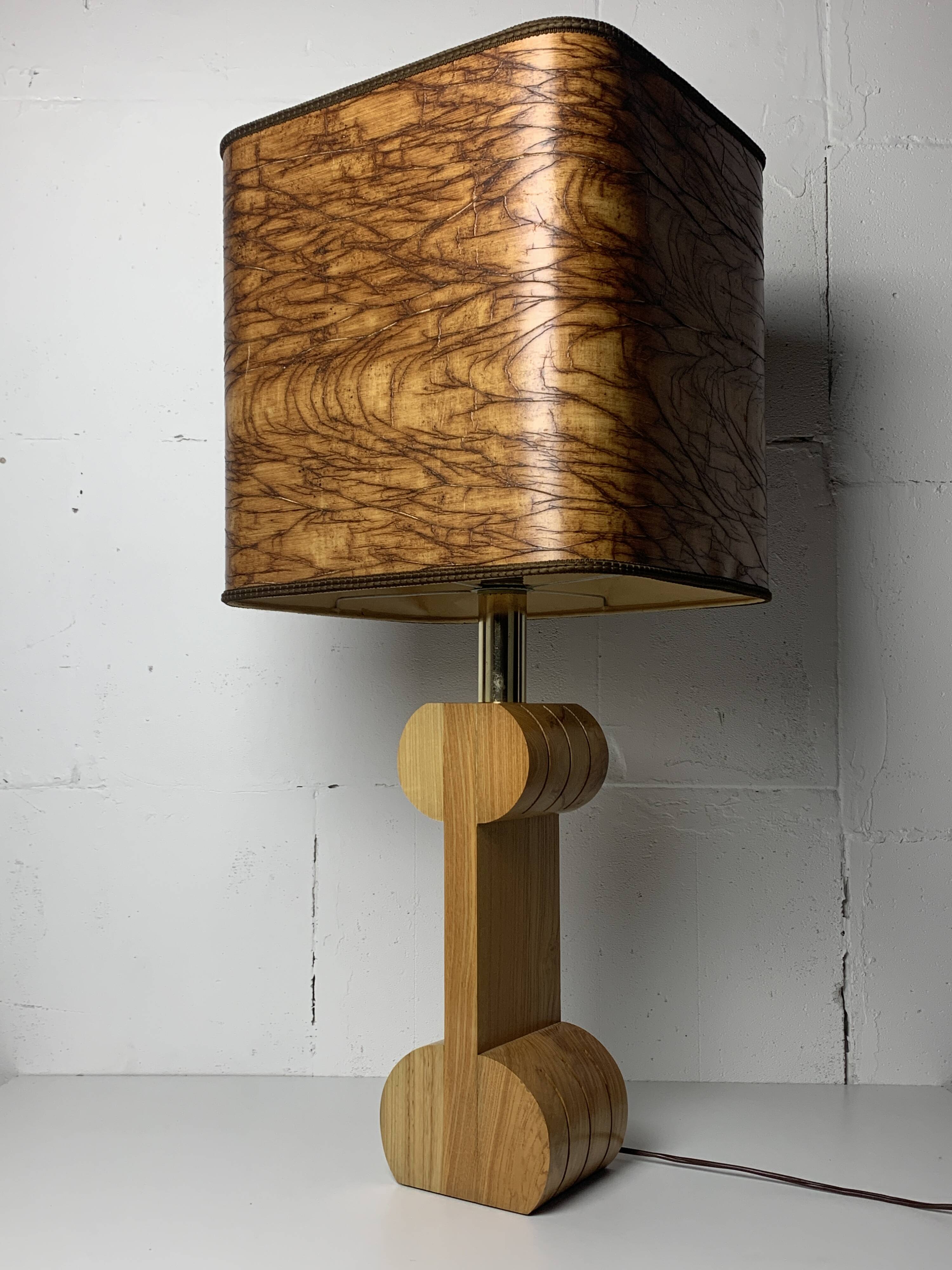 Midcentury Italian sculptural large table lamp with wood veneer shade