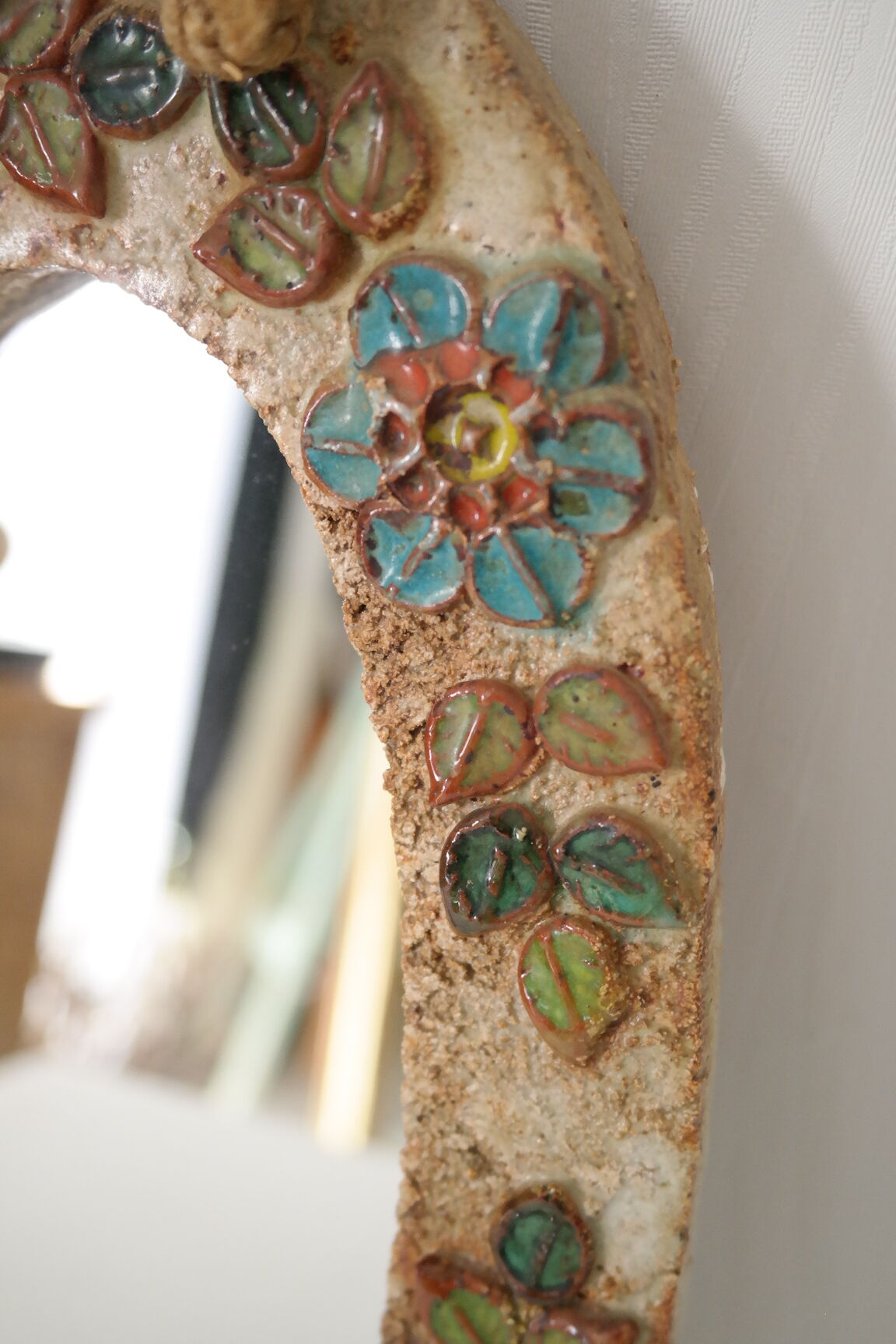 Vallauris ceramic mirror decorated with flowers, circa 1960