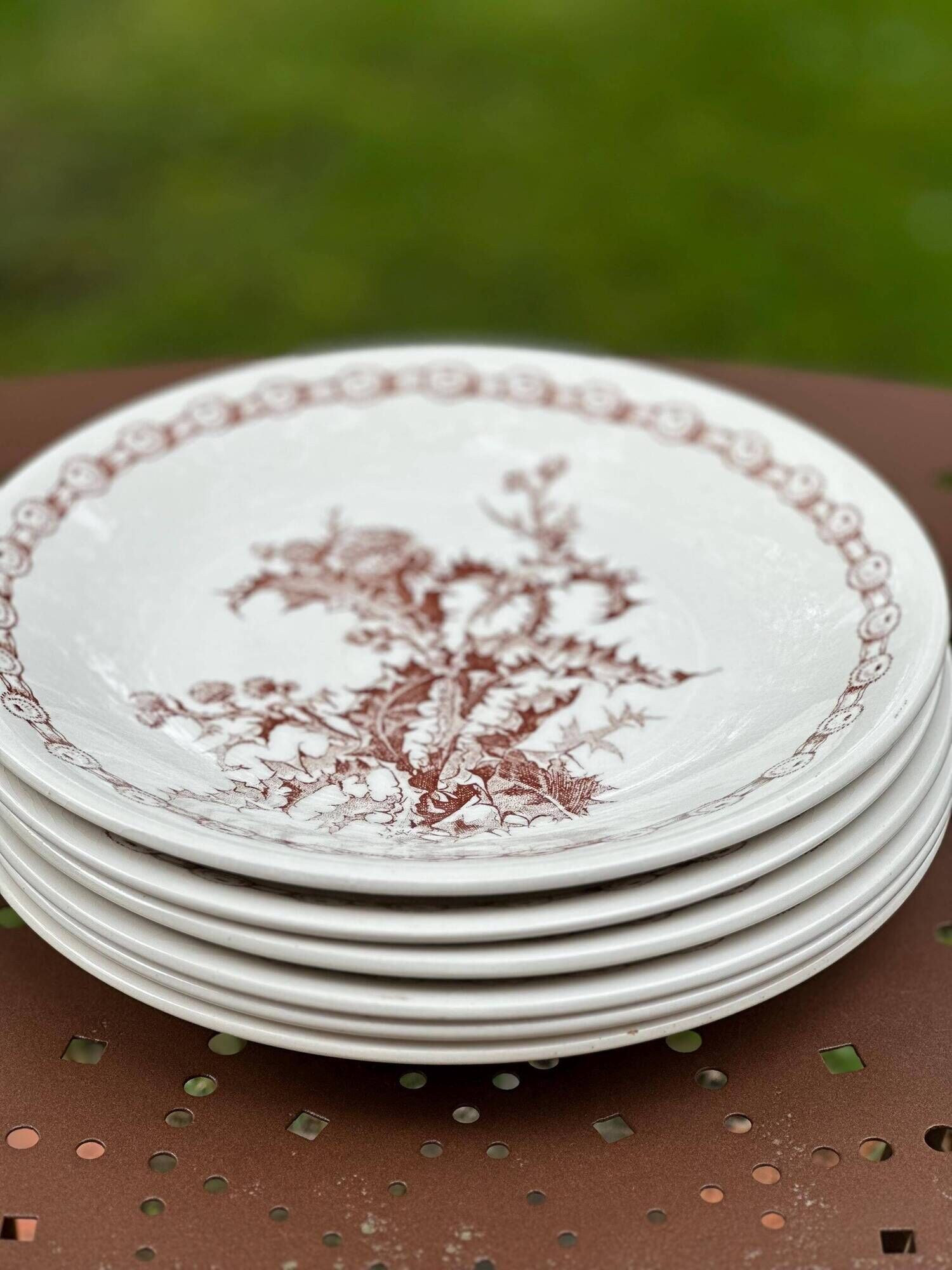 Gien earthenware plates with thistle decoration, set of 6.