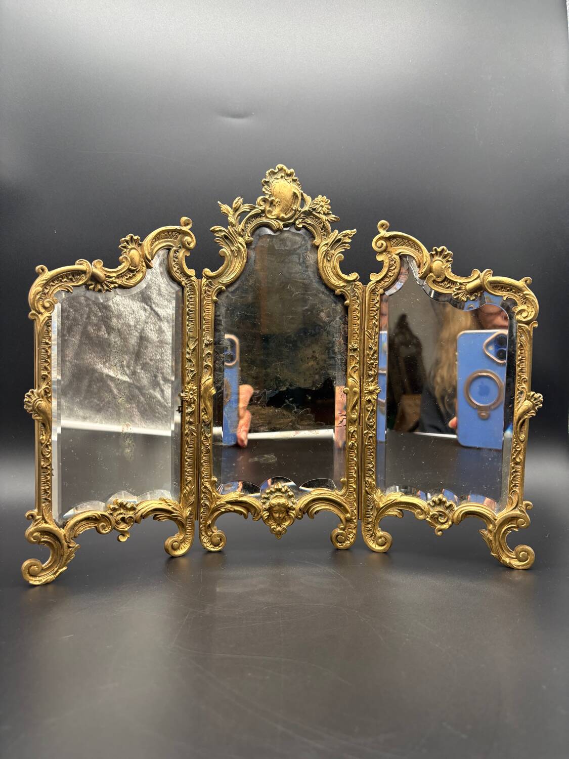 Miroir Triptyque, Bronze Doré, vers 1900.