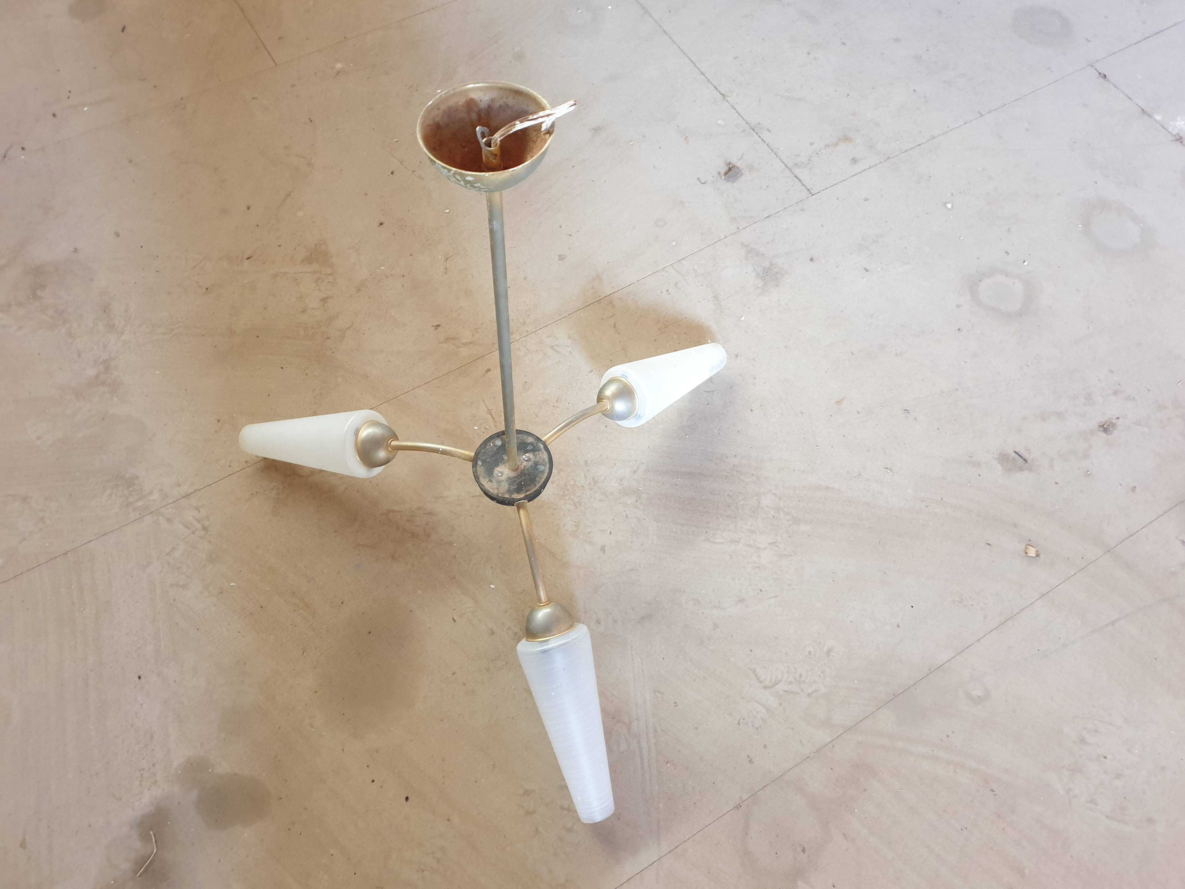 Pure art deco style chandelier with its 3 glass paste lamps