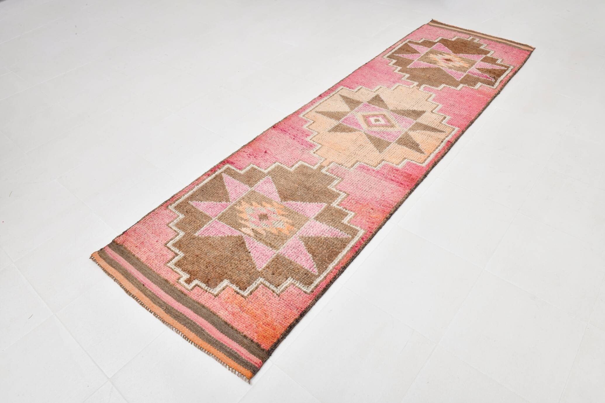 3x11 Pink and Brown Rare Colors Runner Rug, Wool Kilim Rug, 94x320Cm