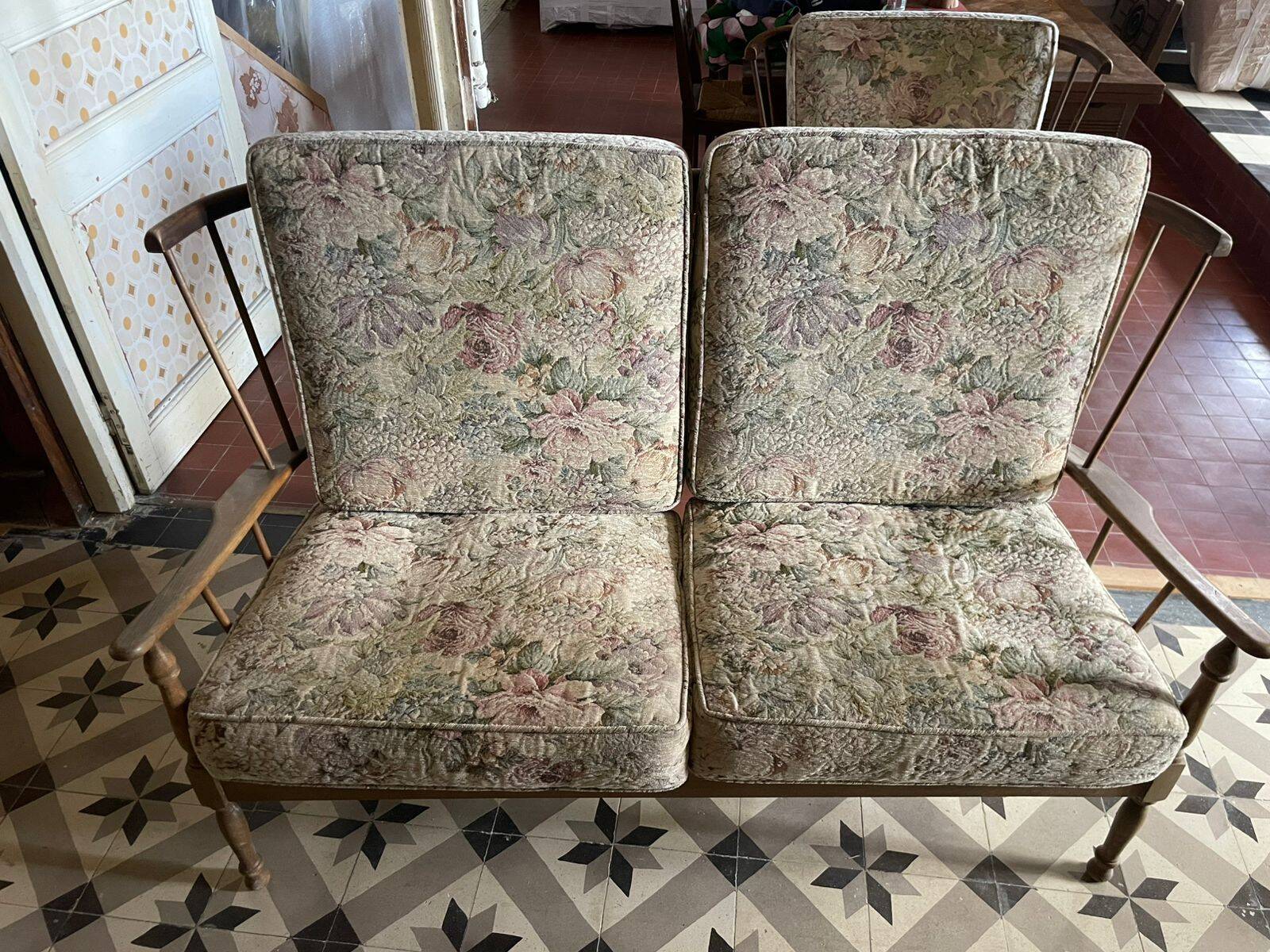 Rare set of vintage armchairs and fan bench