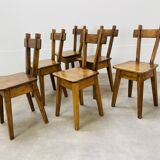 6 brutalist solid wood chairs