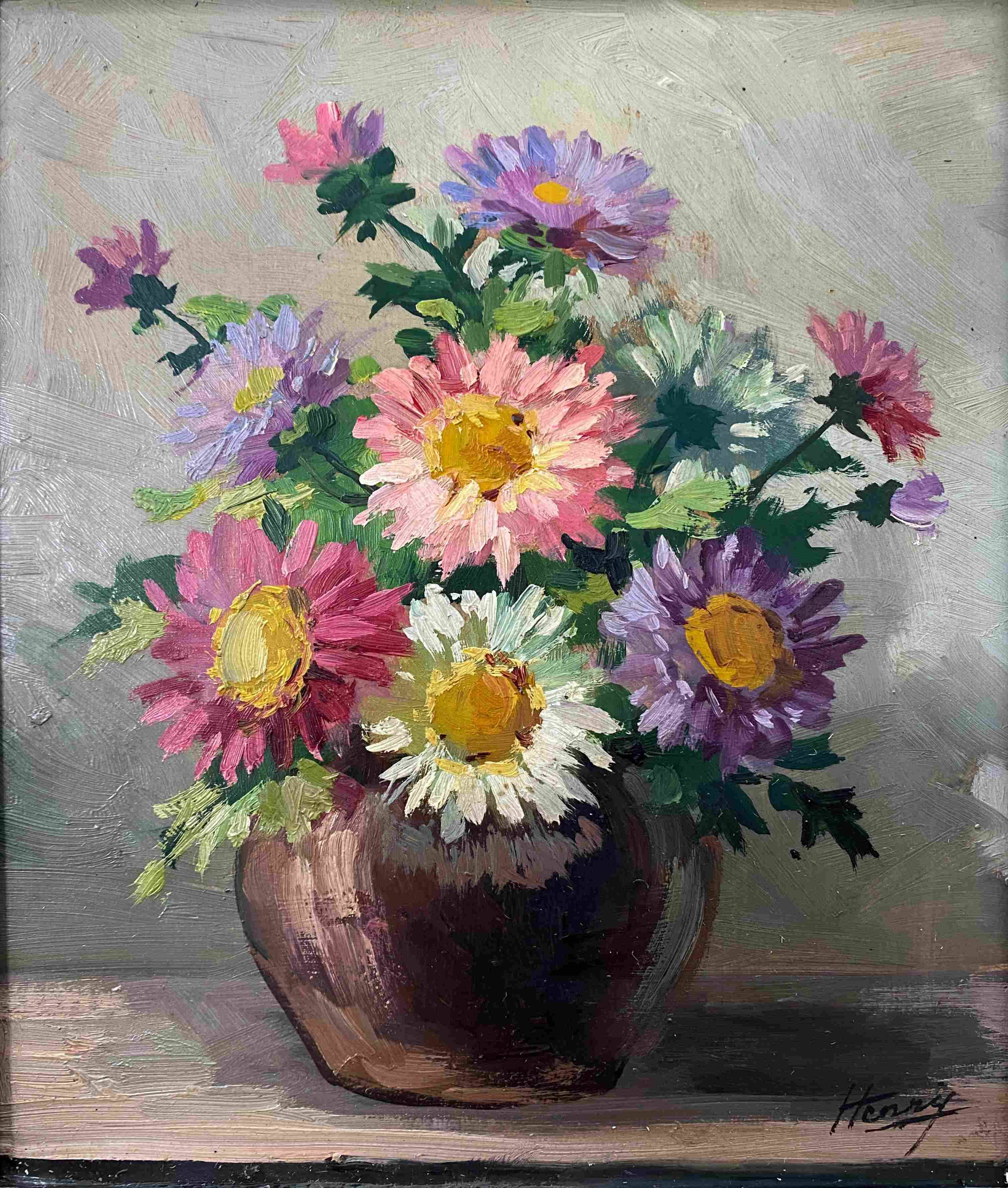 HSP painting "Bouquet of garden flowers" signed Henry circa 1950
