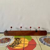 Vintage carved wooden wall coat rack - 4 red balls