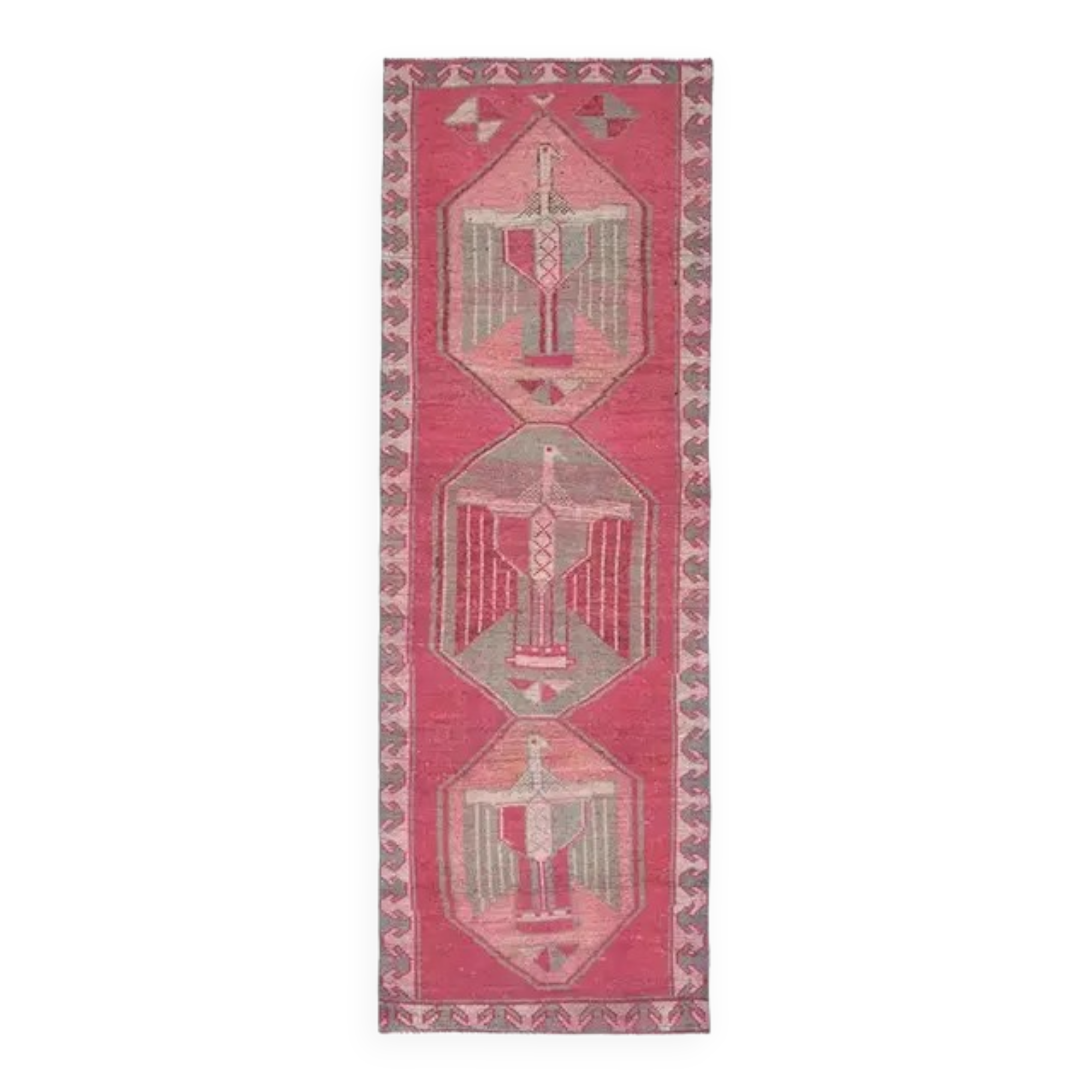1970s Vintage Turkish Oushak Handmade Wool Cotton Pink Runner Rug 96x303
