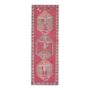 Tapis couloir vintage turc Oushak fait main en laine et coton rose 96x303 cm des années 1970
