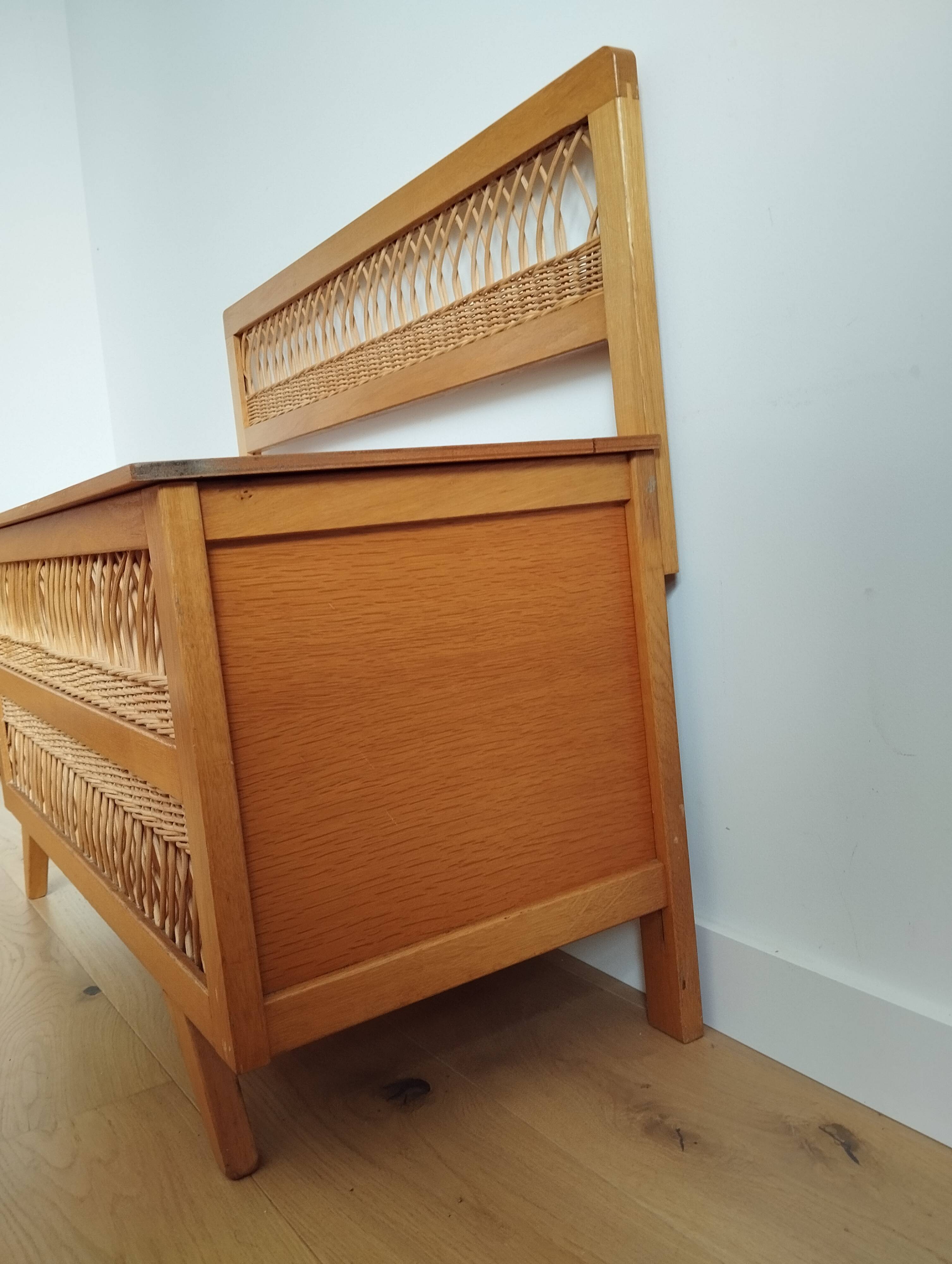 Vintage wooden and rattan trunk bench