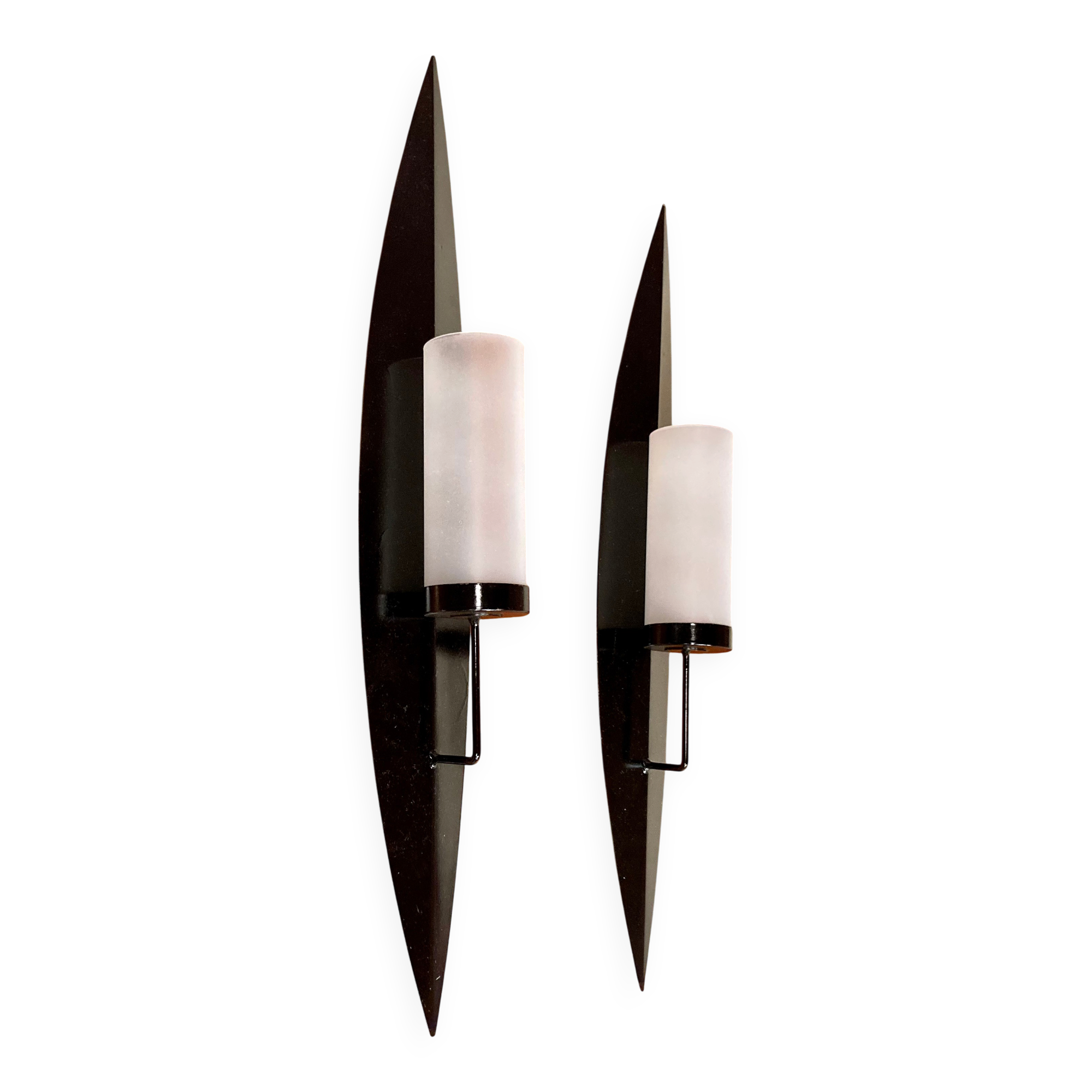 PAIR OF SCANDINAVIAN DESIGN METAL AND GLASS CANDLE HOLDERS.