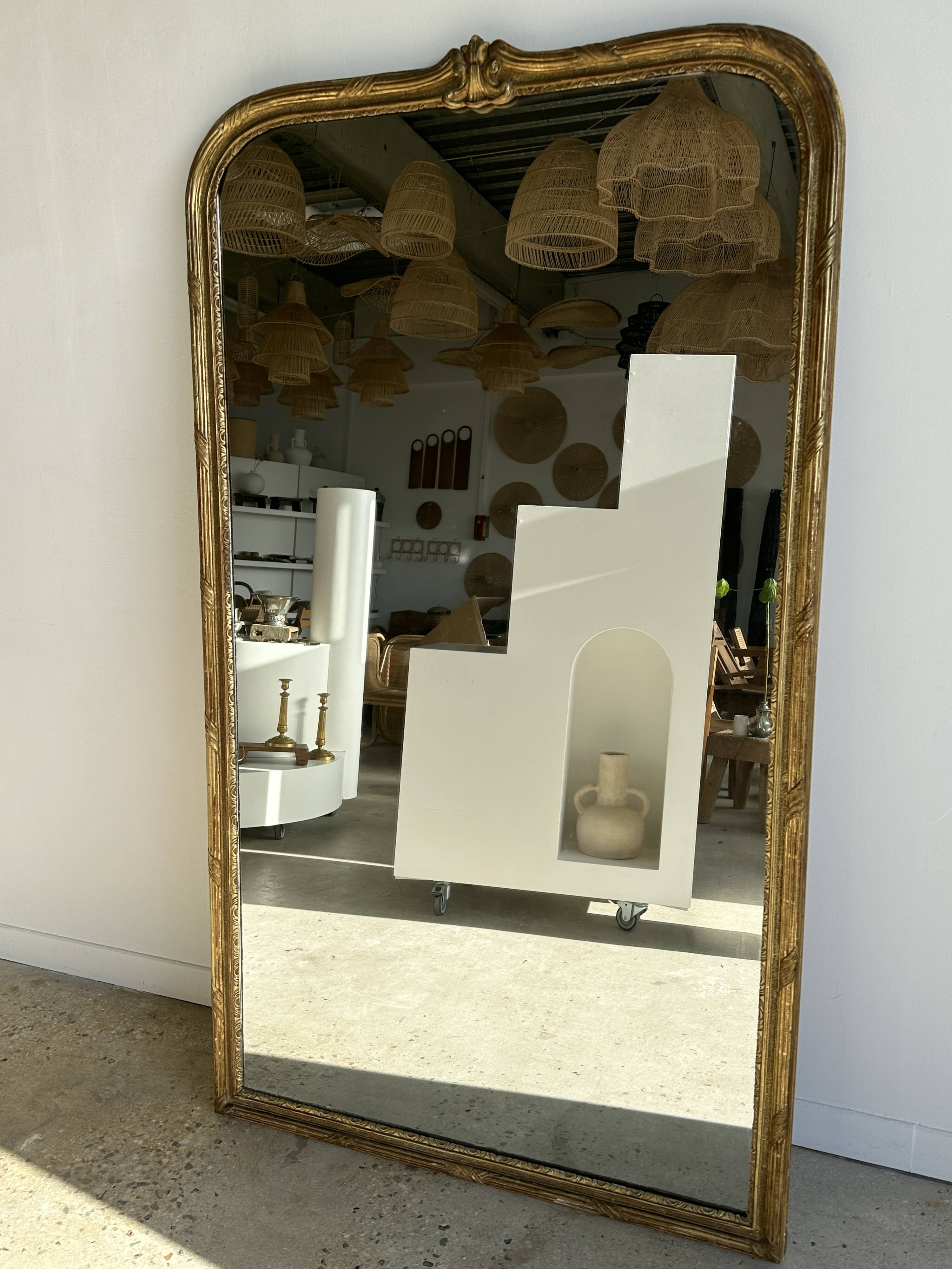Large gilded mirror 19th century rounded corners mercury glass Louis XVI style