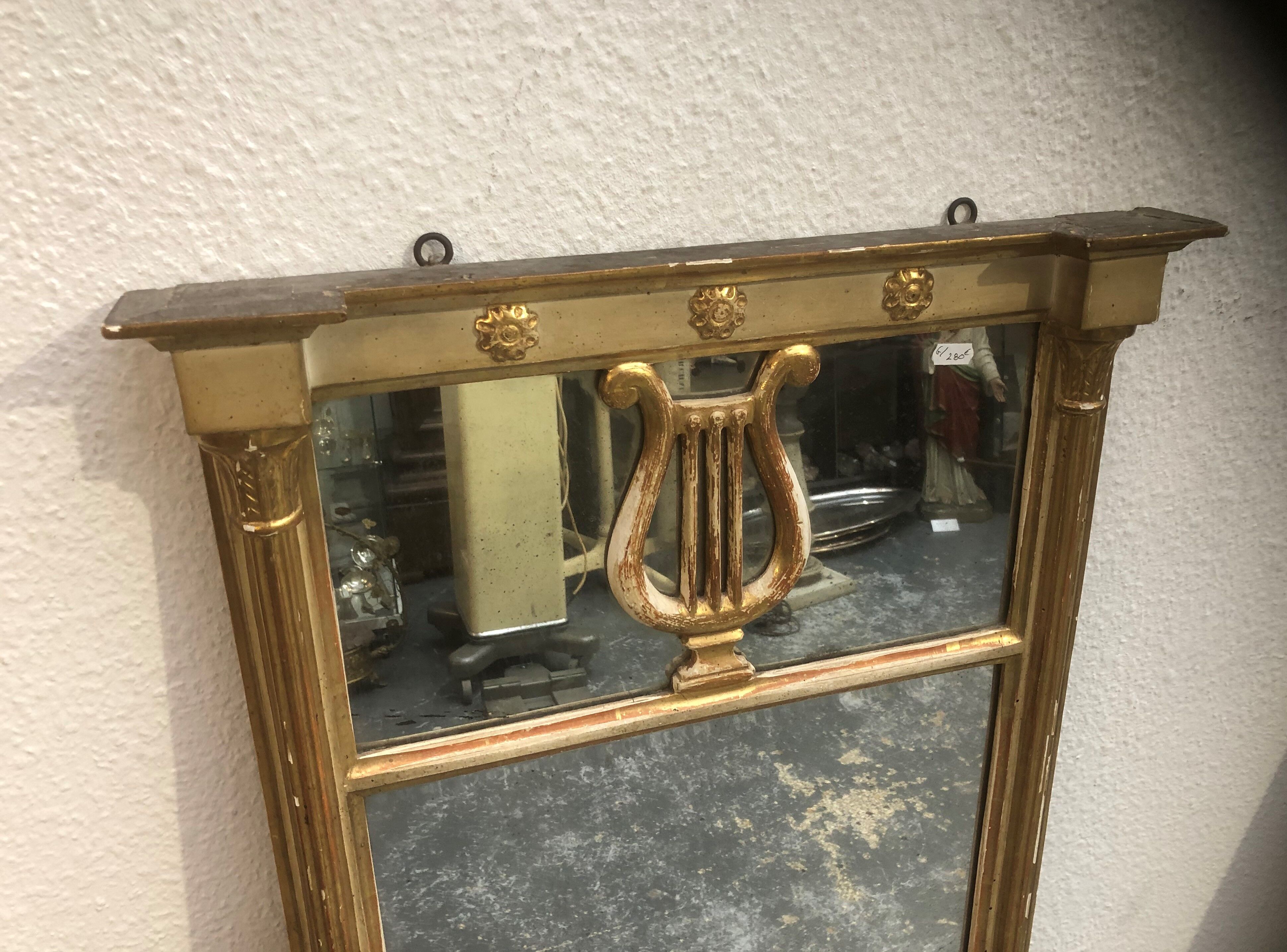 Old wooden mirror and gilded stucco 19th Style Louis XVI Trumeau Décor Columns and Lyre 52x102cm
