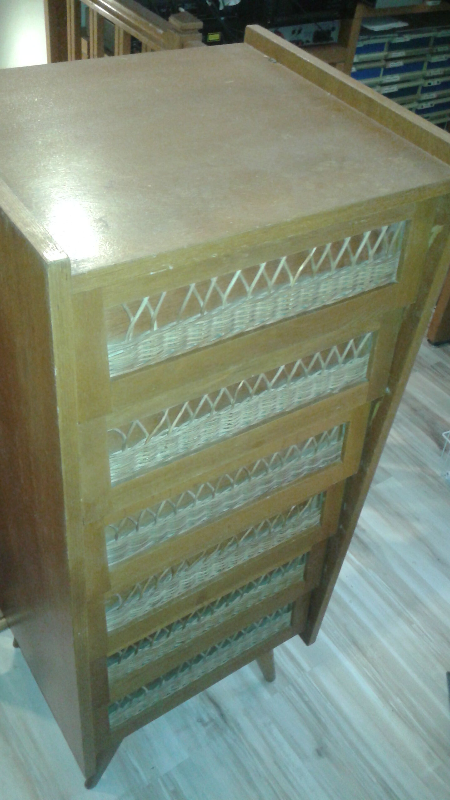 Dresser chest of drawers vintage wood and wicker feet compass