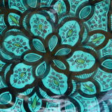 Hand-painted vintage oriental hollow dish, black patterns on a turquoise background