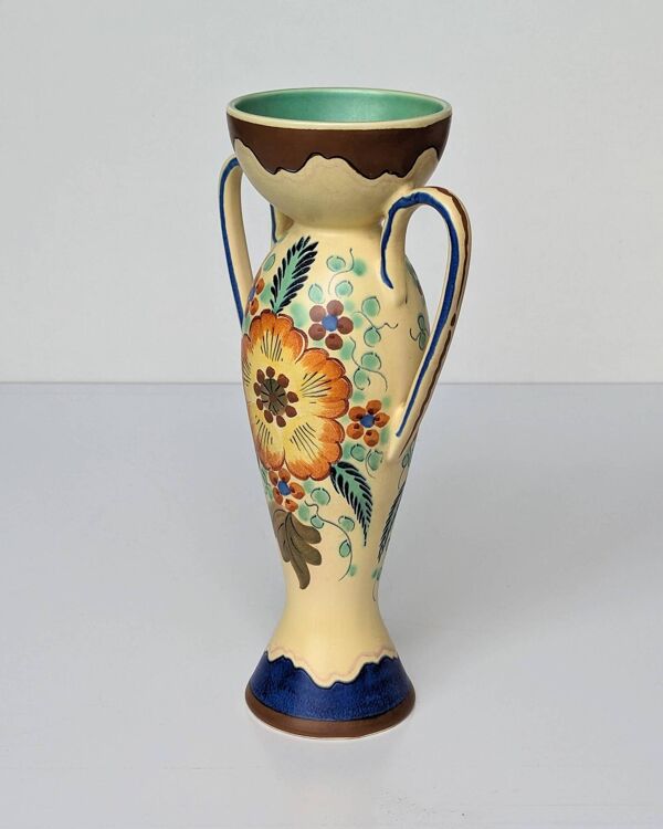 Vase Amphore Céramique Gouda Holland - Rubens motif fleurs peintes à la main - Modèle 1035