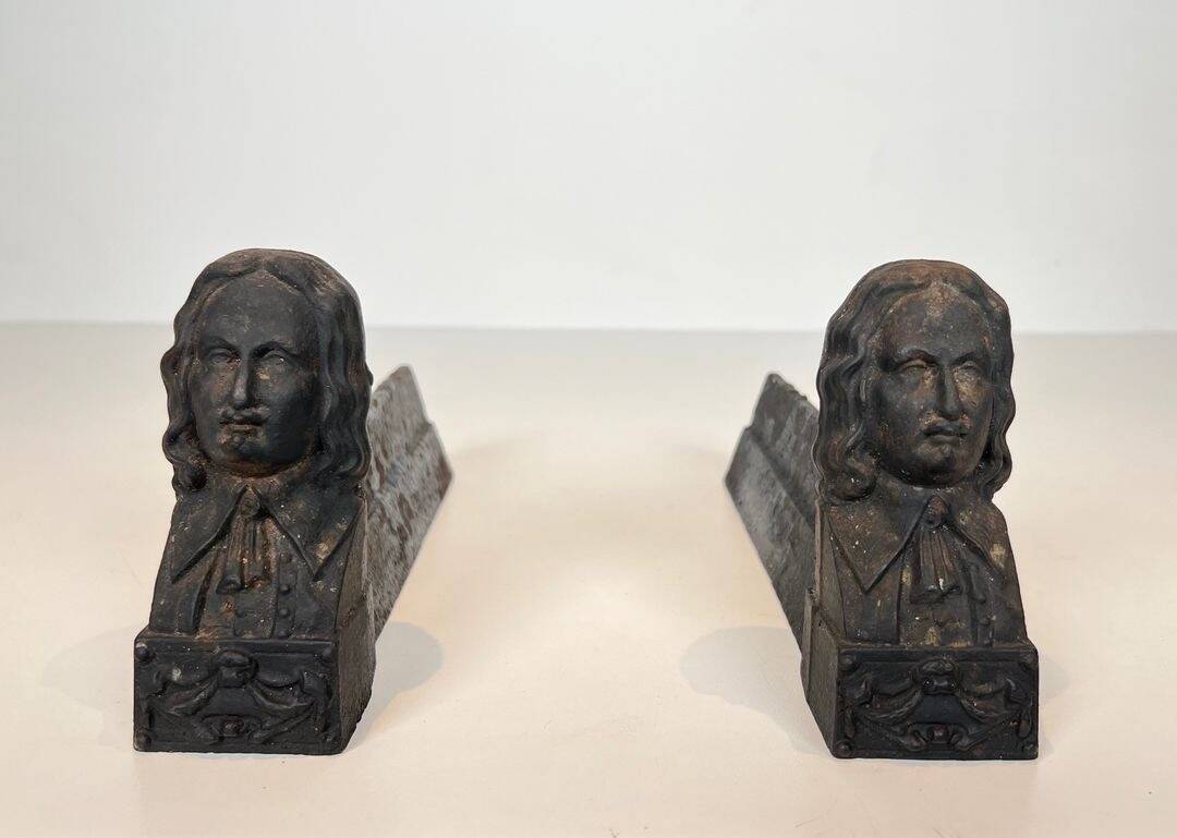 Pair of Cast Iron Andirons in the Likeness of Beethoven. France. Circa 1900.