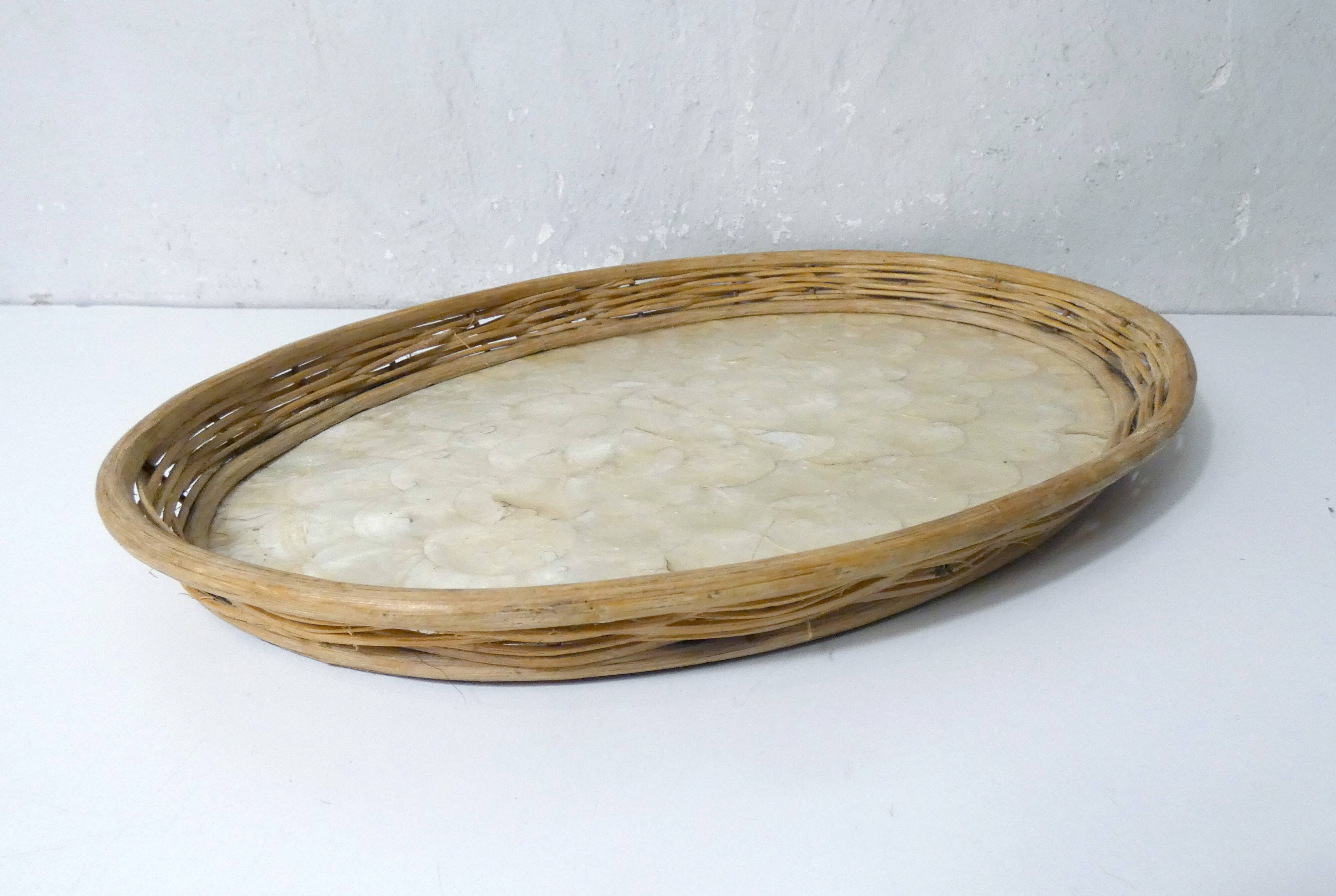 vintage rattan and mother-of-pearl tray