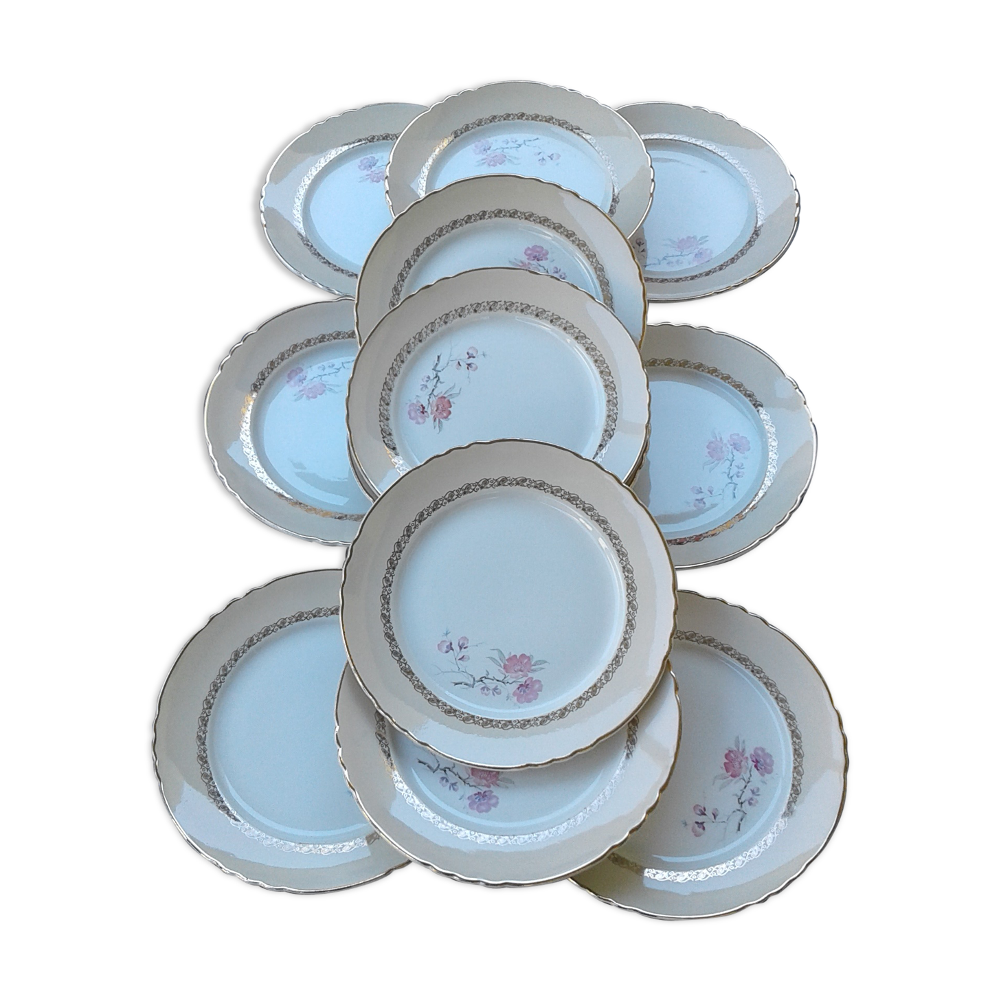 Set of 12 flat plates decors flowers vintage