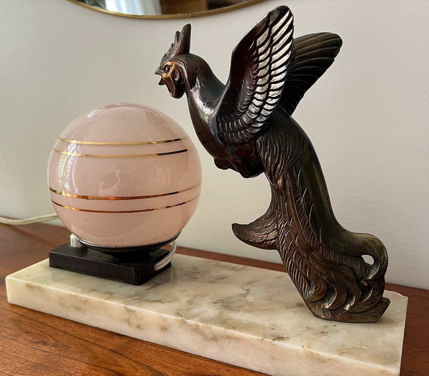 Art Deco lamp marble bird and pink opaline 1930s/40s