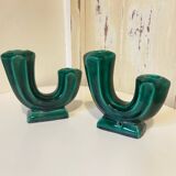 Pair of Art Deco Double Candlesticks in Emerald Green Ceramic - 1950s Vallauris Style