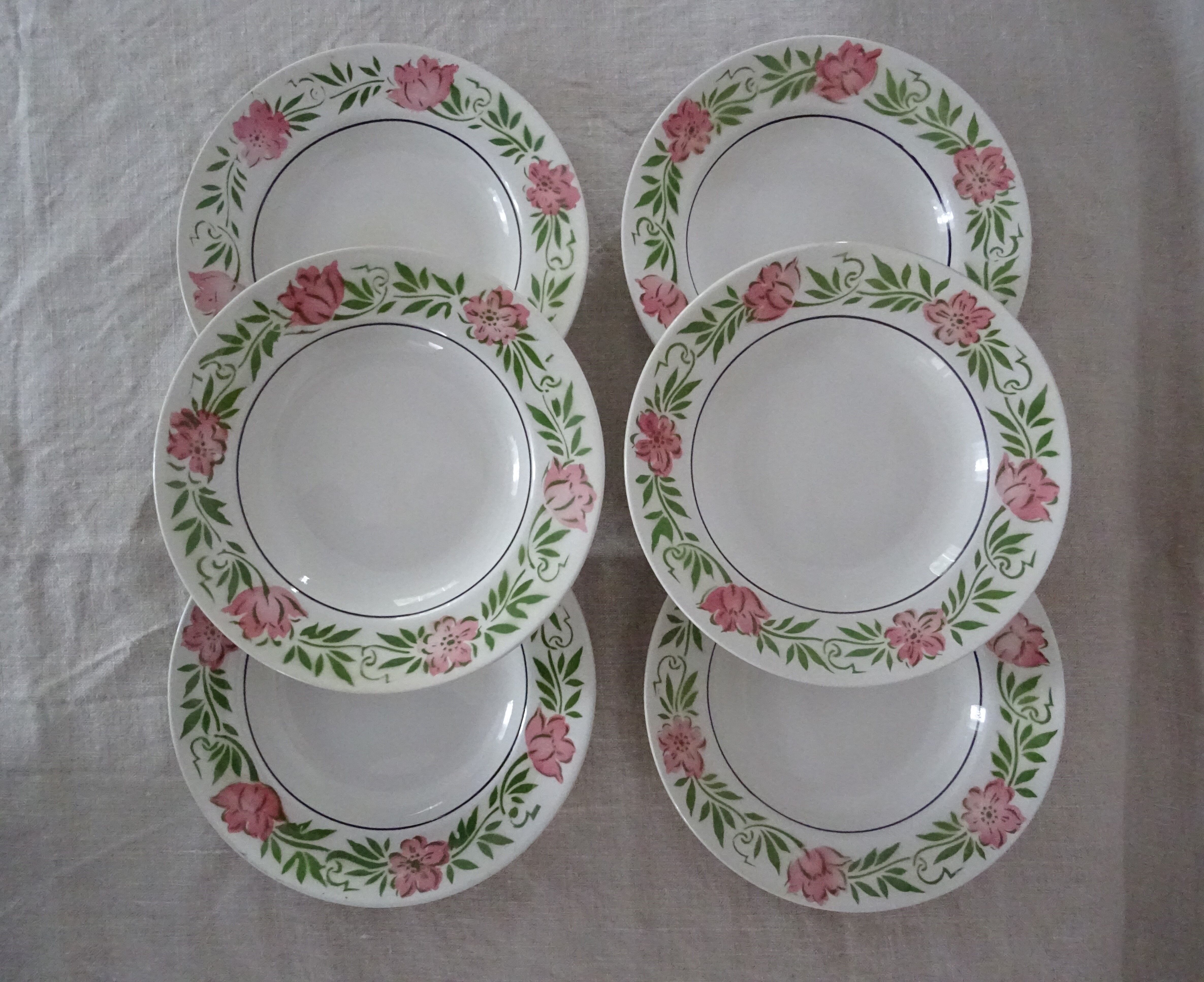 6 Plates wolf mill decoration flowers pink and green faience old