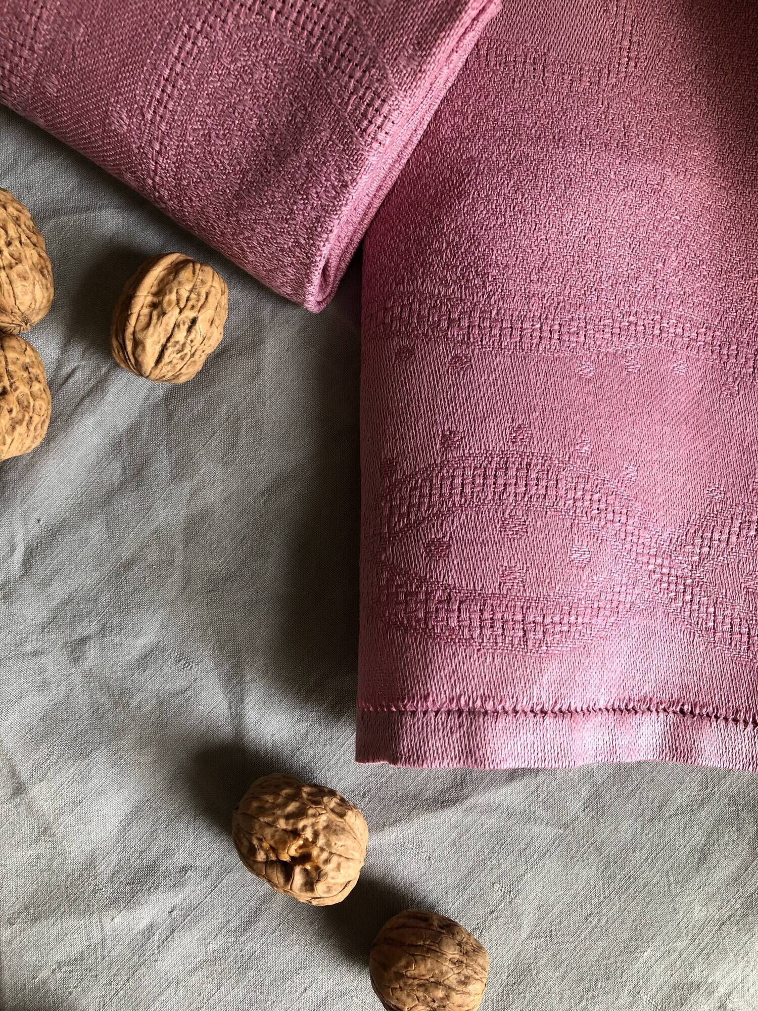 Set of four old damasked towels dyed cyclamen