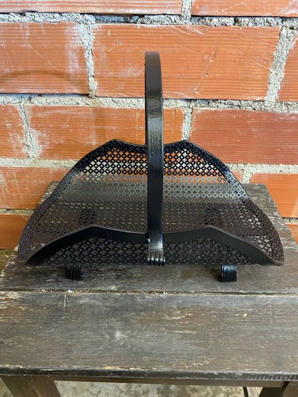 Porte Bûches Ancien Cheminée Fer Forgé + Tôle Perforé Noir Vintage #D6