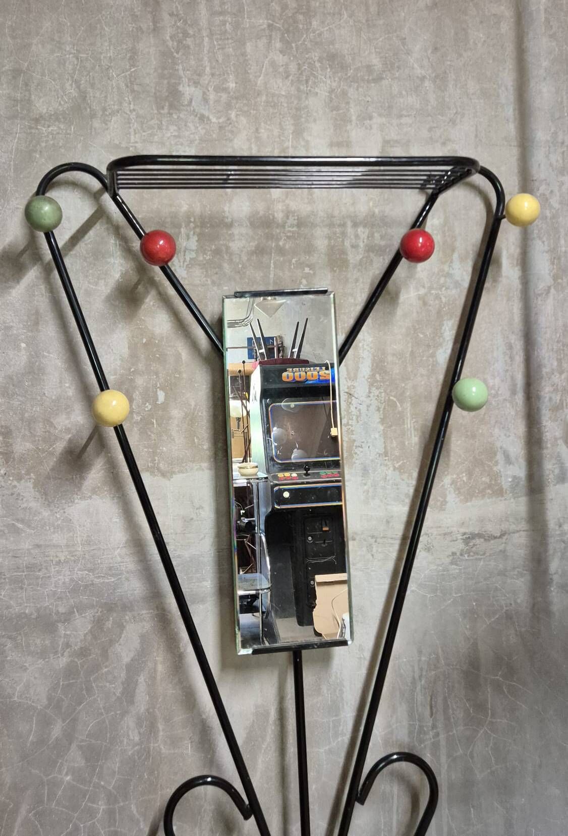 Vintage coat rack attributed to Roger Feraud, black metal with coloured spheres, 1970s, 180 x 82 x 22 cm