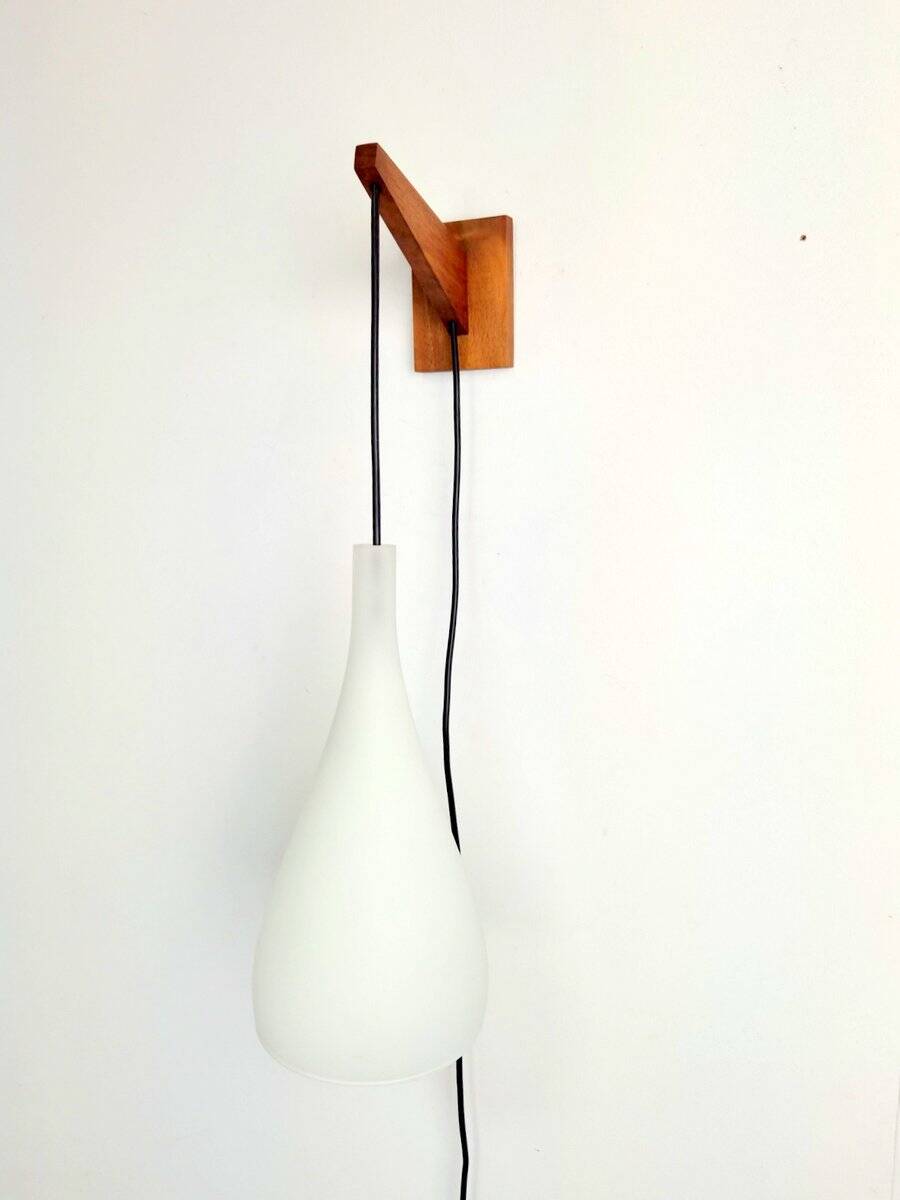 Vintage Tear Drop Wall Lamp in Teak and White Glass, Denmark, 1960s