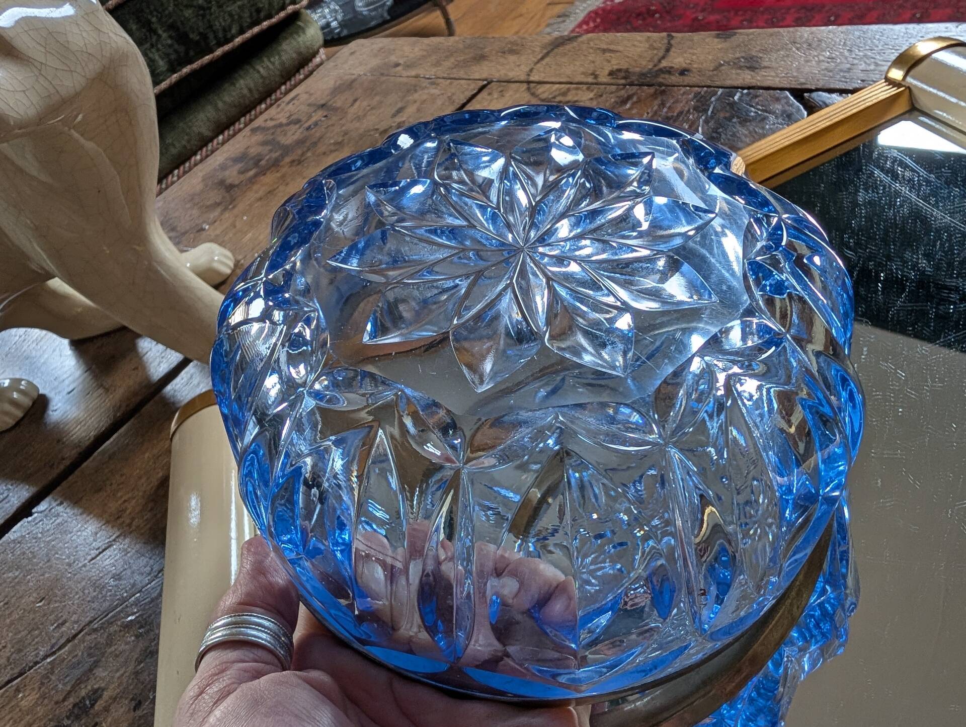 Cut blue glass bowl, silver-plated rim – 1950s-1970s
