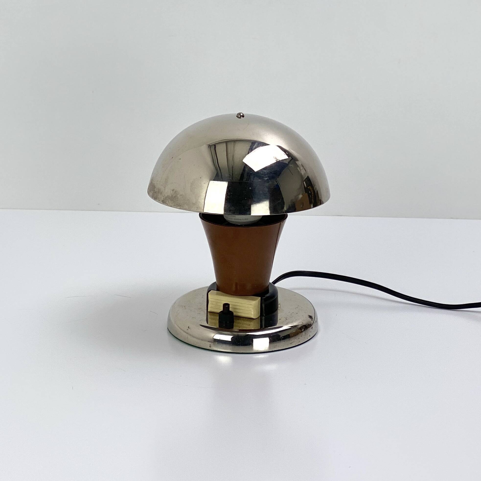 Vintage Bauhaus bedside lamp in brown bakelite and chrome, 1930s