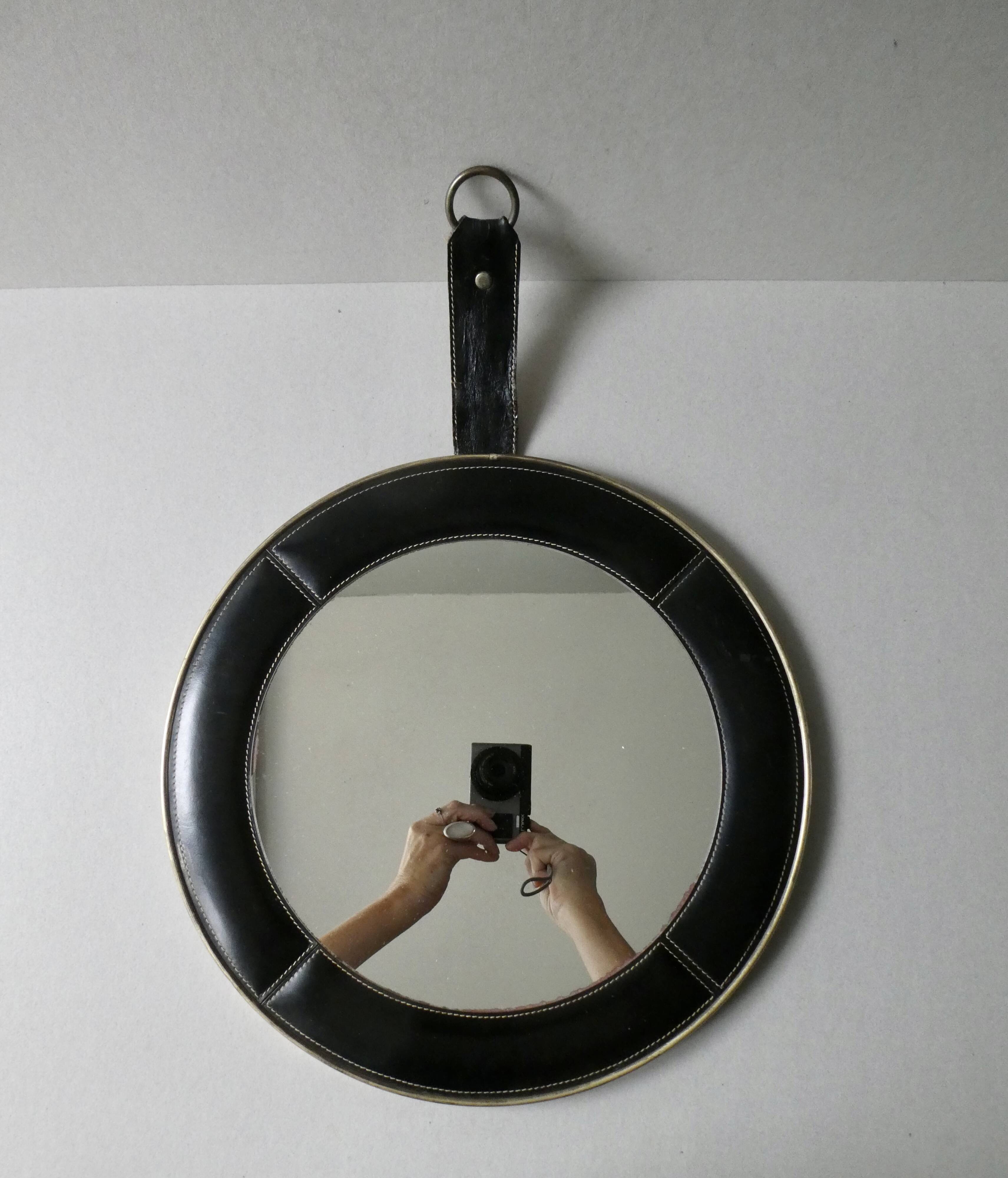leather mirror, saddle stitching, 60s