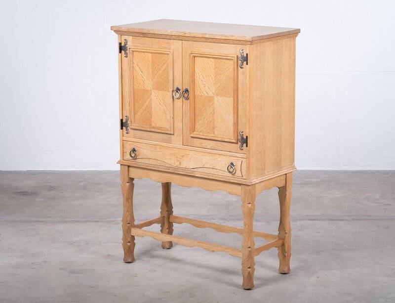 Small Brutalist Oak Cabinet with Brass Handles, Denmark, 1960s
