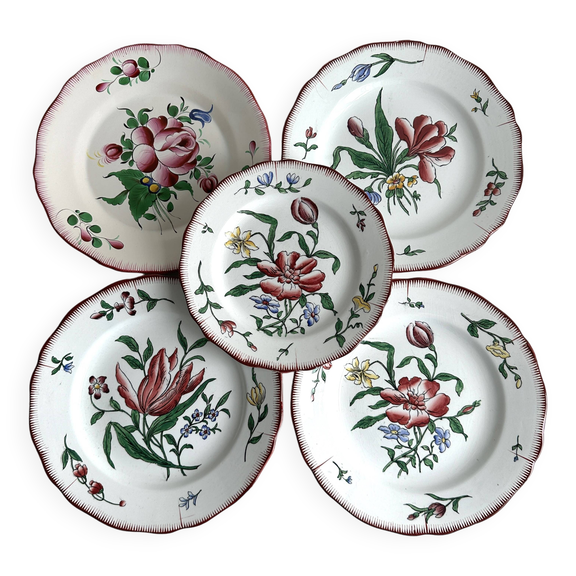 5 plates with colorful Sarreguemines floral designs.