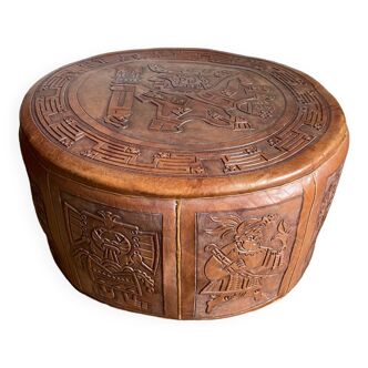Mayan carved leather pouf by Angel Pazmino, Ecuador, 1960