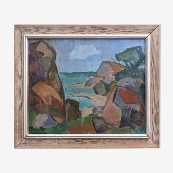 Peinture à l’huile de paysage côtier suédois du milieu du 20ème siècle », encadrée