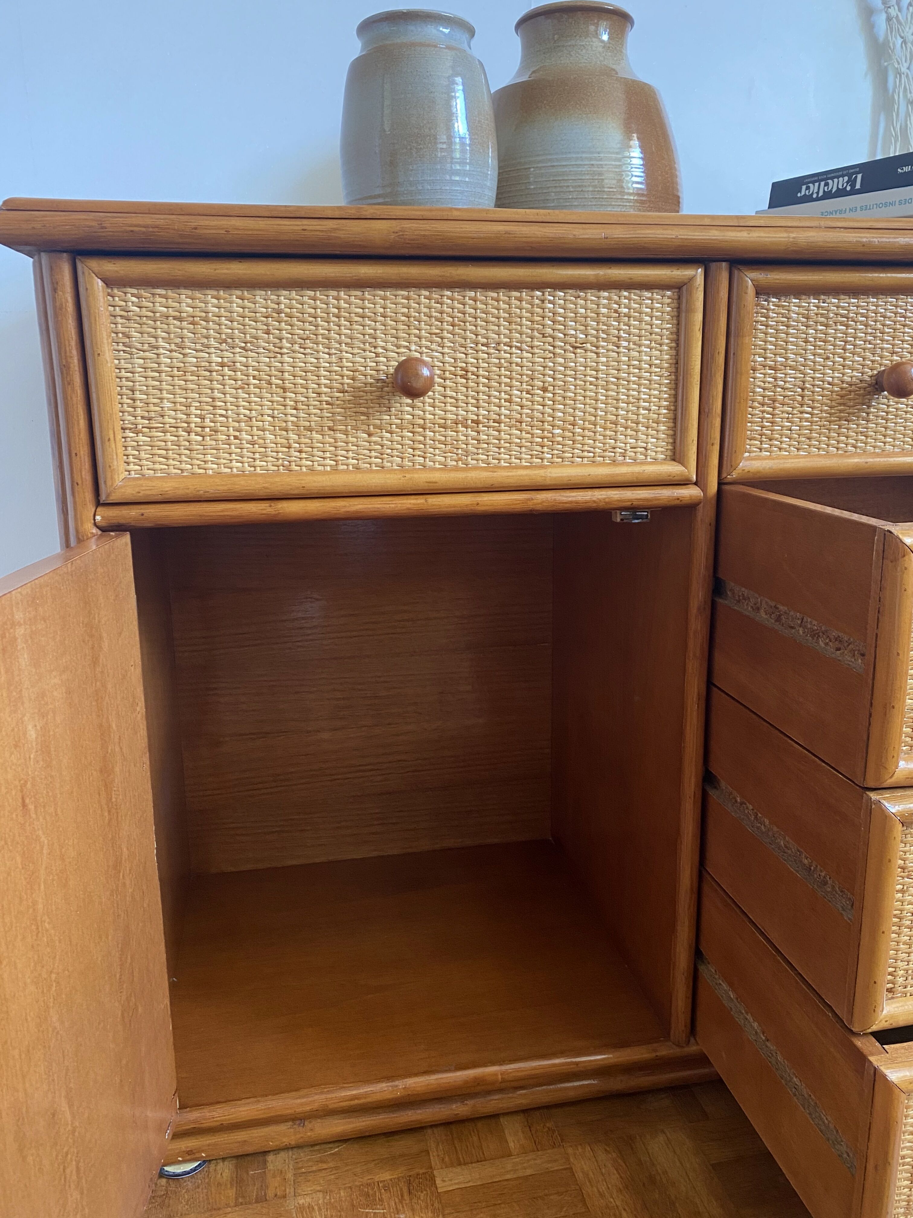 Wood and woven wicker sideboard