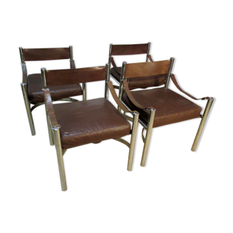 Series of 4 leather and stainless steel armchairs, marked Dada Industrial Design